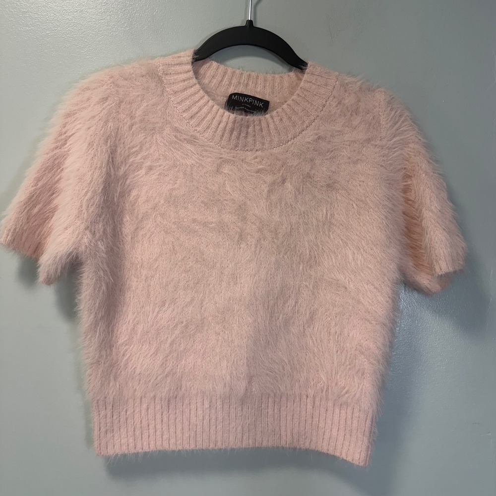 MINKPINK Pink Fuzzy Eyelash Short Sleeve Knit Sweater XL Girlhood Feminine